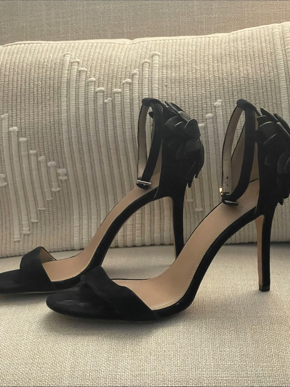 Tory Burch Suede Ankle-Strap Stiletto Heels with Floral Heel Accent